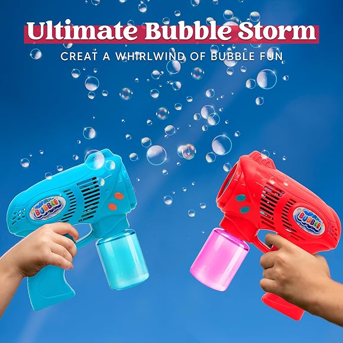 JOYIN 2 Bubble Guns with 2 Refill Solution (10 oz Total), Bubbles Maker, Blower, Machine Gun Blaster for Kids, Toddlers, Outdoors Activity, Party, Birthday Gift, Easter Toys (Blue+Red)-BubblyBeeBaby