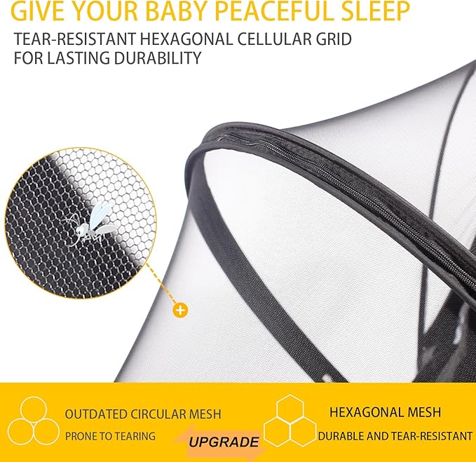 Mosquito Net for Stroller, Universal 3D Baby Bug Net with Two-Way Zippers & Storage Bag, Breathable & Foldable Netting for Stroller, Bassinet,Cradle（Black）-BubblyBeeBaby