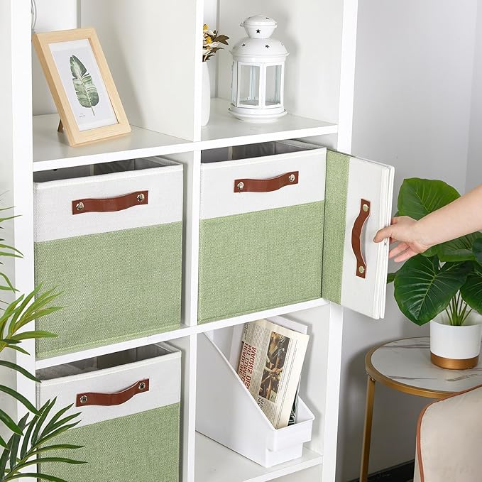 HNZIGE Fabric Storage Cubes for Shelves Set of 4 ,Storage Cubes Baskets 12 x12, Decorative Storage Bins Basket with Handles, Green Baskets for Organizing Home Nursery(Green White)-BubblyBeeBaby