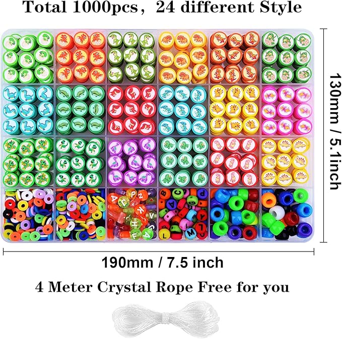 1000PCS Dinosaur Polymer Clay Beads Bracelet Making kit, 24 Style Cute Fun Beads Beads Charms for Jewelry Necklace Earring Making DIY Accessories for Women Girls-BubblyBeeBaby