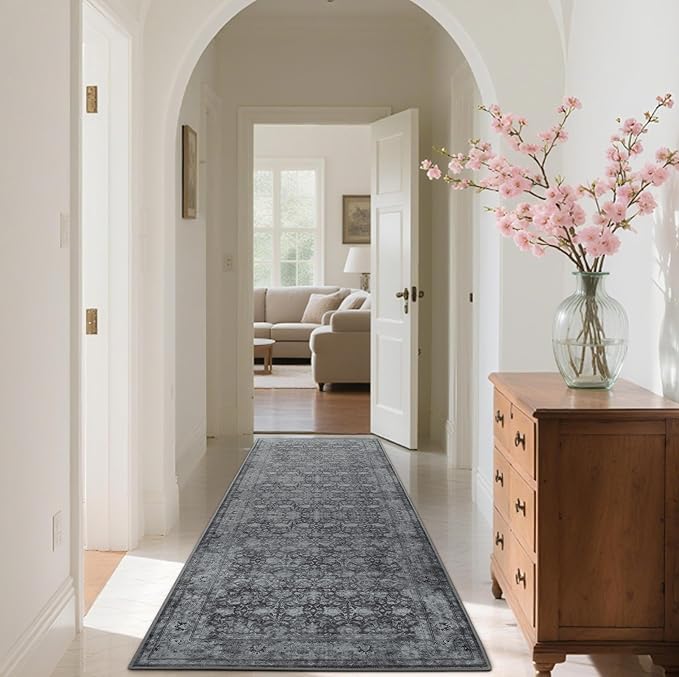 2'6"x8' Washable Runner Rug for Hallway, Non Slip Vintage Floral Long Carpet Runners for Entryway, Kitchen, Bathroom, Bedroom, Low Pile Laundry Rugs with Rubber Backing (Distressed Grey)-BubblyBeeBaby