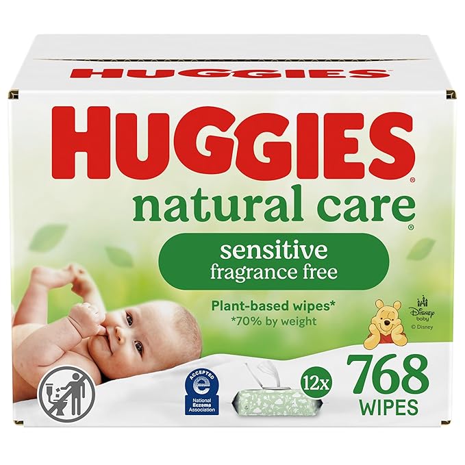 Huggies Natural Care Sensitive Baby Wipes, Unscented, Hypoallergenic, 99% Purified Water, 12 Flip-Top Packs (768 Wipes Total), Packaging May Vary-BubblyBeeBaby