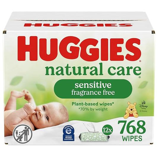 Huggies Natural Care Sensitive Baby Wipes, Unscented, Hypoallergenic, 99% Purified Water, 12 Flip-Top Packs (768 Wipes Total), Packaging May Vary-BubblyBeeBaby