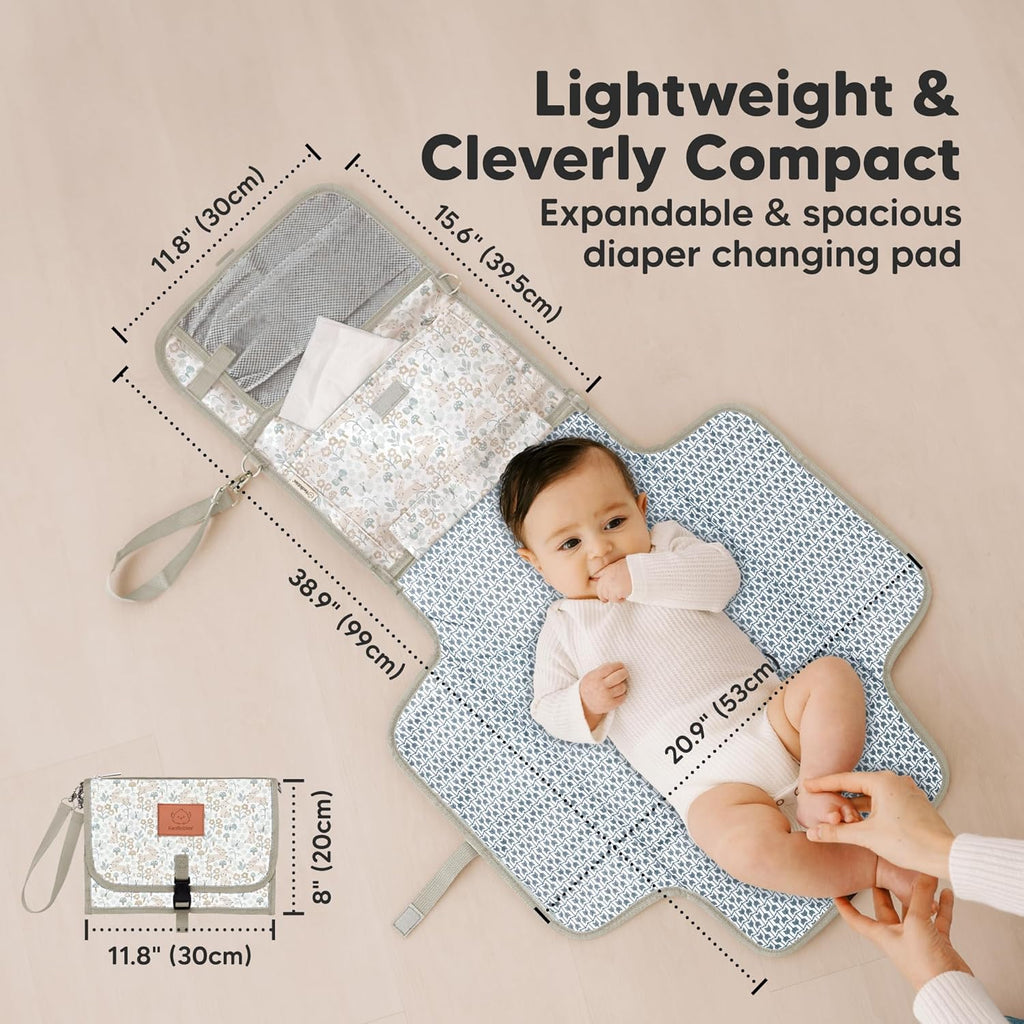 KeaBabies Portable Diaper Changing Pad - Large Waterproof Baby Changing Mat, Compact Travel Diaper Clutch, Functional Pockets Fit Newborn Essentials, Wipeable & Padded Baby Changer (Prairie)