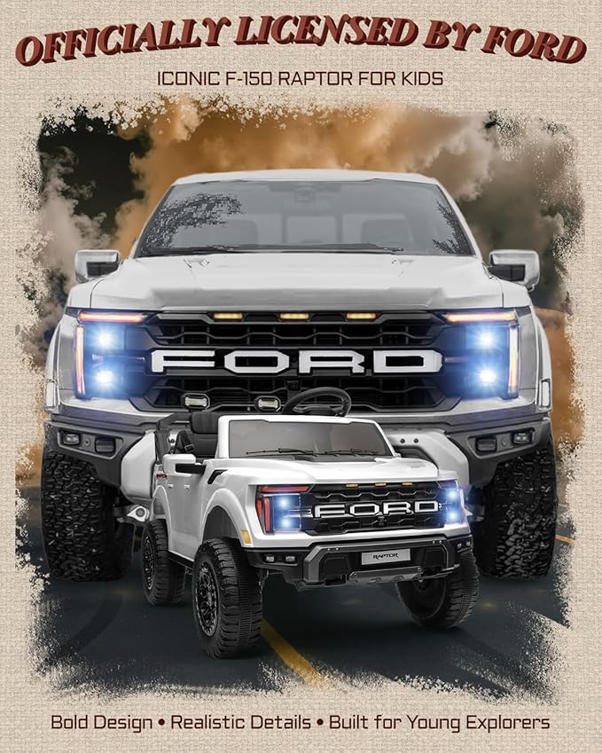24V Kids Ride On Truck, Licensed Ford F-150 Raptor 2 Seater Electric Car w/Remote Control, Toddler Ride On Car Toys w/LED Lights, Bluetooth, Music, Truck Bed Storage, Soft Start (White)-BubblyBeeBaby