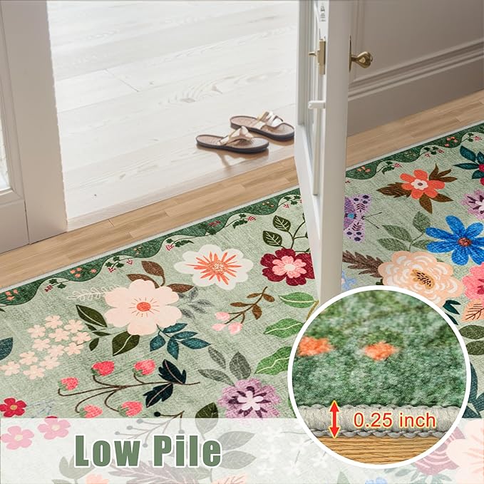 10x14 Area Rugs for Living Room: Floral Washable Rug Vintage Large Soft Boho Non-Slip Carpet Indoor Stain Resistant Low Pile Carpets for Bedroom Dining Room Farmhouse Nursery Hallway Home Office Green-BubblyBeeBaby