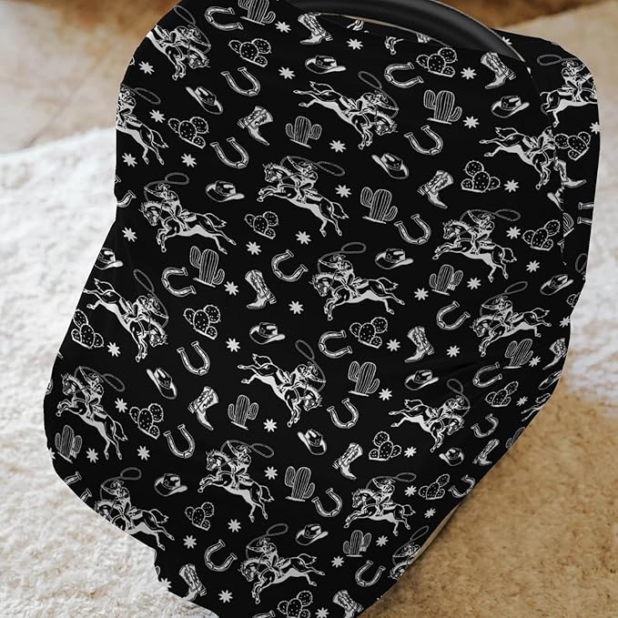 Country Western Car Seat Cover for Baby Cowboy Hat Boots Horse Cactus Stretchy 5-in-1 Covers Adjustable Car Canopy Breastfeeding Cover Wild West Desert Breathable Nursing Cover-Up-BubblyBeeBaby