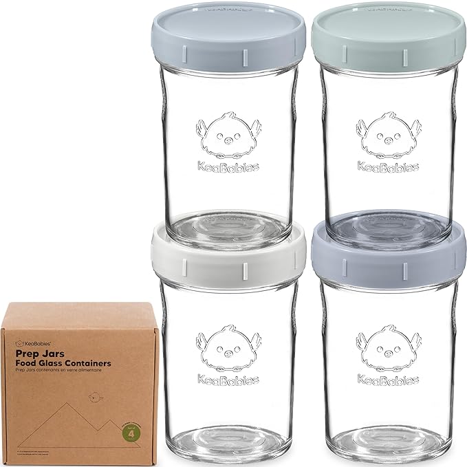 KeaBabies 4pk 8oz Glass Baby Food Containers with Lids - Leak-Proof, Microwavable Small Glass Jars, Baby Purees & Toddler Snack Storage Containers, BPA-Free, Dishwasher & Freezer Safe (Slate)-BubblyBeeBaby