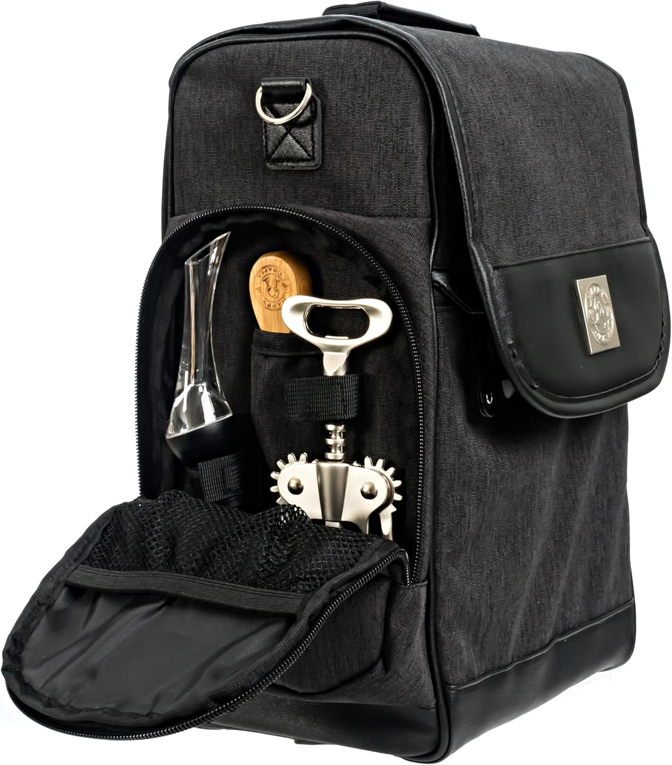 Happy Grapes Wine Tote Bag Set - Insulated Wine Carrier with 2 Stainless Steel Tumblers, Aerator, Charcuterie Board & Knife, Bottle Stoppers, Opener & Wash Cloth - for Picnics Beach Patio Pool Camp t