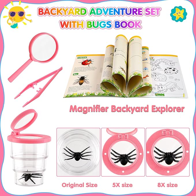 INNOCHEER Kids Explorer Kit & Bug Catcher Kit & Safari Costume Kit, Outdoor Exploration Set with Hat, Vest, Butterfly Net and Bugs Book for Boys Girls 3-12 Years Old (Camouflage Pink)-BubblyBeeBaby