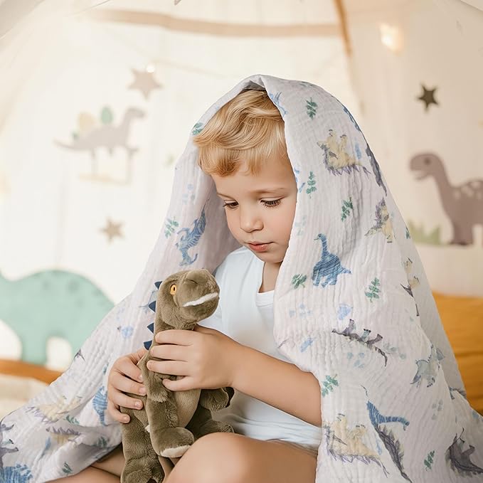 Muslin Swaddle Blankets for Newborn, 3 Pack Breathable Soft Receiving Blanket, Large 38 x 40 inches Swaddle Wrap Burping Clothes Diapers, Essentials Infant Shower Items, Toddler Gift (Blue Dinosaur)-BubblyBeeBaby