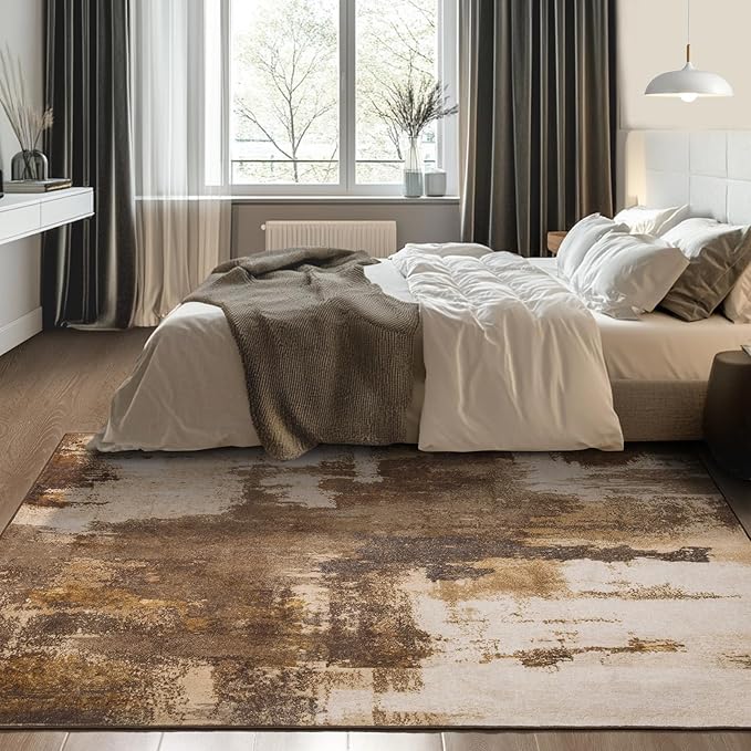 Kelarea Living Room Rug, 4x6 Rug Modern Abstract Washable Rugs Brown Foldable Faux Wool Vintage Carpets, Non Slip Rug for Bedroom, Dining Room, College Dorm, Kids Playroom, Home Office-BubblyBeeBaby
