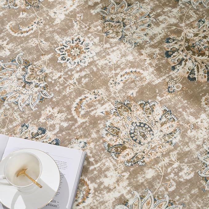 jinchan Round Rug 6ft Area Rug - Taupe Vintage Floor Mat Kitchen Indoor Ultra-Thin Soft Floral Print - Washable Circle 6' Retro Accent for Farmhouse Non Slip Dining Room Living Room Bedroom Office-BubblyBeeBaby