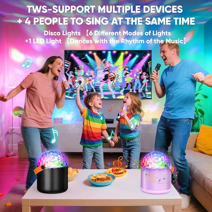 Karaoke Machine with Disco LED Lights for Adults Kids, Portable Bluetooth Speaker with 2 Wireless Microphone, Gifts Toys for 3-12+ Kids Birthday Family Home Party-BubblyBeeBaby