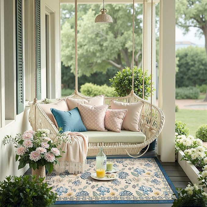 jinchan 3x5 Floral Rug for Entryway Washable Kitchen Rug Vintage Romance Design Small Mat Non Slip Indoor Doormat Lightweight Low-Profile Throw Carpet for Entrance Bathroom Laundry Room, Blue/Beige-BubblyBeeBaby