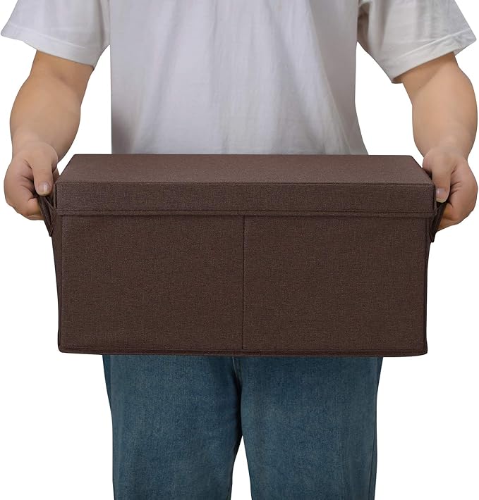 HOONEX Linen Foldable Storage Bins with Lids, 2 Pack, Storage Boxes with Carrying Handles and Sturdy Heavy Cardboard, 16.5" L x 11.8" W x 7.5" H for Shoes, Clothes, Brown-BubblyBeeBaby
