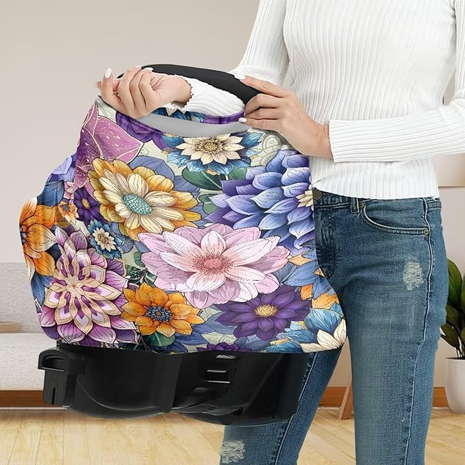 Binienty Durable Fabric Infants Carseat Canopies for Baby Girls Boys,Bohemian Flower Design, Baby Stroller Cover-BubblyBeeBaby