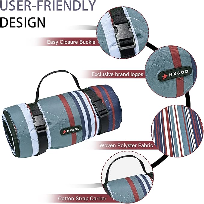 HX&OD Outdoor Picnic Blanket Extra Large, 80''*80'' Waterproof Picnic Mat with Stakes Foldable Camping Blanket Portable with Carry Strap for Beach Mat (Red, 80''*80'')-BubblyBeeBaby