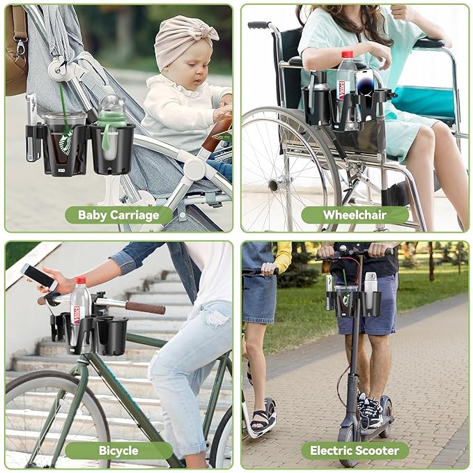 KDD Stroller Cup Holder with Phone Holder, 3-in-1 Removable Bottle Holder, 360 Degrees Rotation Drink Holder for Wheelchair, Stroller, Bike, Walker, Scooter, Bicycle, Uppababy, Bugaboo, Britax-BubblyBeeBaby
