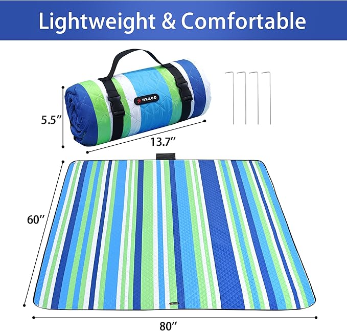 HX&OD Outdoor Picnic Blanket Extra Large, 80''*60'' Waterproof Picnic Mat with Stakes Foldable Camping Blanket Portable with Carry Strap for Beach Mat (Green& White, 80''*60'')-BubblyBeeBaby