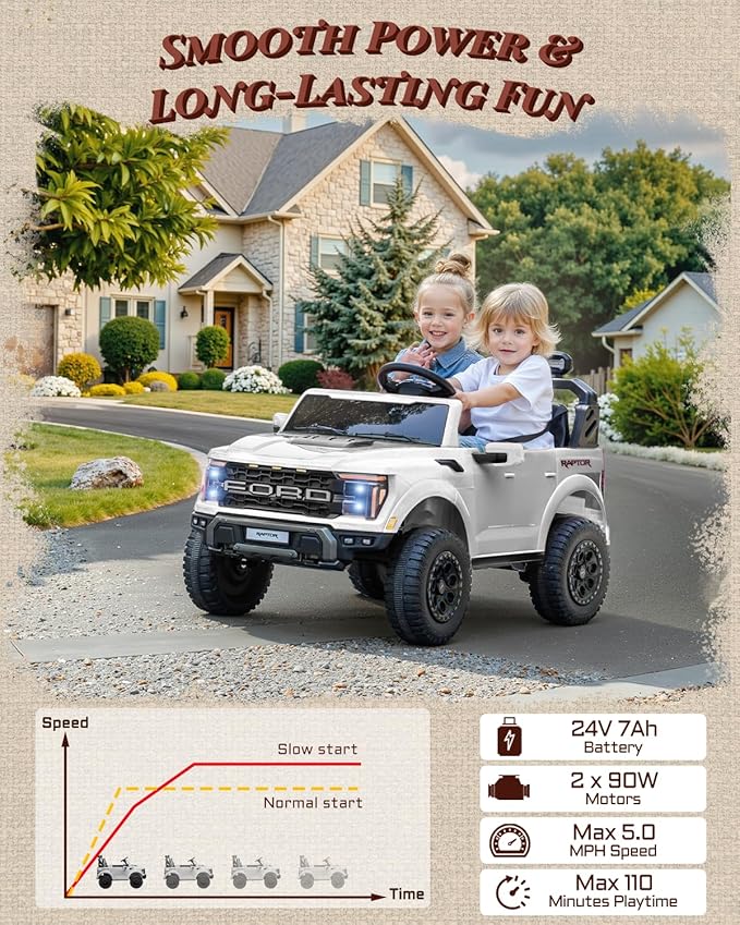 24V Kids Ride On Truck, Licensed Ford F-150 Raptor 2 Seater Electric Car w/Remote Control, Toddler Ride On Car Toys w/LED Lights, Bluetooth, Music, Truck Bed Storage, Soft Start (White)-BubblyBeeBaby