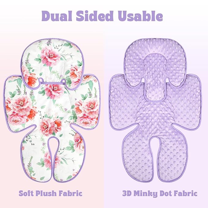Pea Pod Infant Car Seat Insert 2-in-1 Baby Car Seat Head & Body Support for Newborn Girl Reversible 3 Layer Warm Preemie Carseat Stroller Cushion Headrest with Soft Minky Dot Fabric, Pink Floral-BubblyBeeBaby