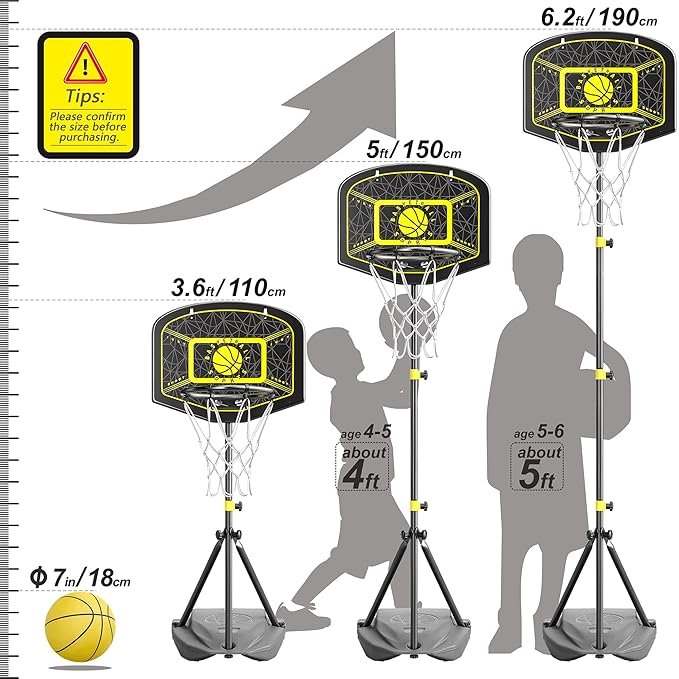 Kids Basketball Hoop Indoor Outdoor Portable Adjustable Height 3.6ft-6.2ft Toddler Basketball Hoop for Kids Boys Girls Age 3 4 5 6 7 8 Little Kids Basketball Goal Backyard Sports Toy Game Gifts-BubblyBeeBaby