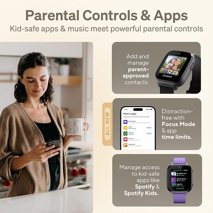 JrTrack 5 Kids Smart Watch by Cosmo | Best Kid-Safe Phone Watch | Precision Real-Time GPS Tracking | Call, Text, Activity, School Settings | Spotify Music | Parental Controls | SOS & Safety Alerts-BubblyBeeBaby