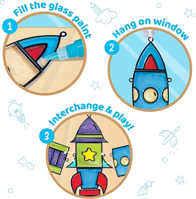 Imagimake Window Art for Kids - Rocket | Suncatcher Kits for Kids, Arts and Crafts for Ages 6-8 | Birthday Gifts for 5 6 7 8 9 10 11 12 Years Old Boys & Girls-BubblyBeeBaby