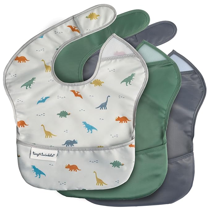 Tiny Twinkle Mess Proof Baby Bibs for Eating - Waterproof, Wipeable Bibs - Toddler Bib- Travel Friendly - PFAS, PVC, BPA, Phthalate Free - Baby Food Bib (3 Pack,Dinosaur)-BubblyBeeBaby