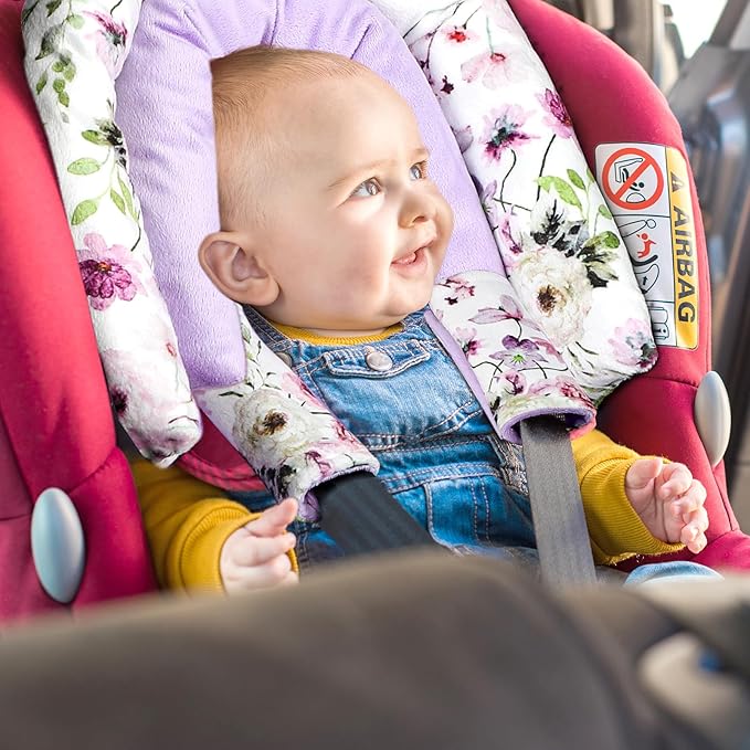GFU Baby Car Seat Head Support for Newborn, 2 in 1 Infant Car Seat Head Body Support with Strap Pads, Soft Stroller Cushion Pillow Insert for Girls and Boys, Fits for Stroller, Swing, Purple Floral-BubblyBeeBaby