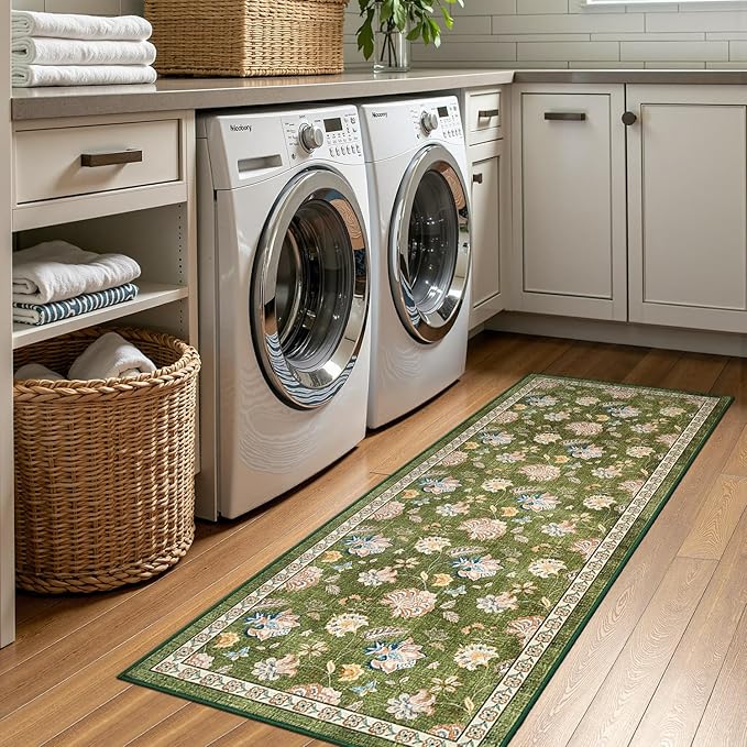 jinchan 2x5 Floral Runner Rug for Hallway Washable Kitchen Runner Vintage Romance Design Non Slip Thin Indoor Floor Cover Low-Profile Throw Carpet for Entryway Bathroom Bedroom Porch, Green-BubblyBeeBaby