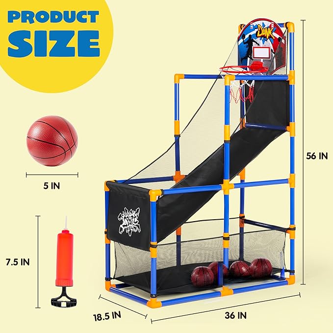 JOYIN Arcade Basketball Game Set with 4 Balls and Hoop for Kids 3 to 12 Years Old Indoor Outdoor Sport Play - Easy Set Up - Air Pump Included - Ideal for Competition-BubblyBeeBaby