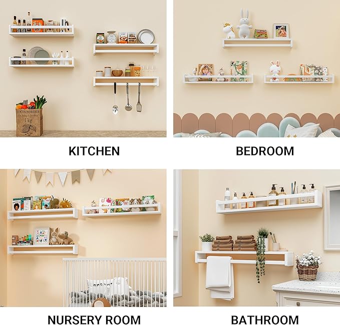 Heimlove Nursery Floating Shelves, White Nursery Book Shelves for Wall, 32 inch Wall Bookshelf for Kids Solid Wood Wall Mounted Shelves for Books,Toys and Decor Storage, Set of 3-BubblyBeeBaby