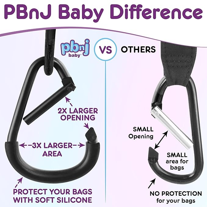 Stroller Hooks for Hanging Diaper Bags - Mommy Stroller Clip and Stroller Accessories Organizer Hook - Large Carabiner Clips for Mom Purse Shopping Grocery Bag and Accessory - (2 Pack) (Clips)-BubblyBeeBaby