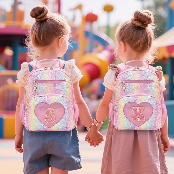 I IHAYNER Kids Glitter Lightweight Backpack for School Travel & Daycare, Toddler Backpack for Girls 3+ Preschool Kindergarten Elementary Kids Backpack-Rainbow Pink L-BubblyBeeBaby