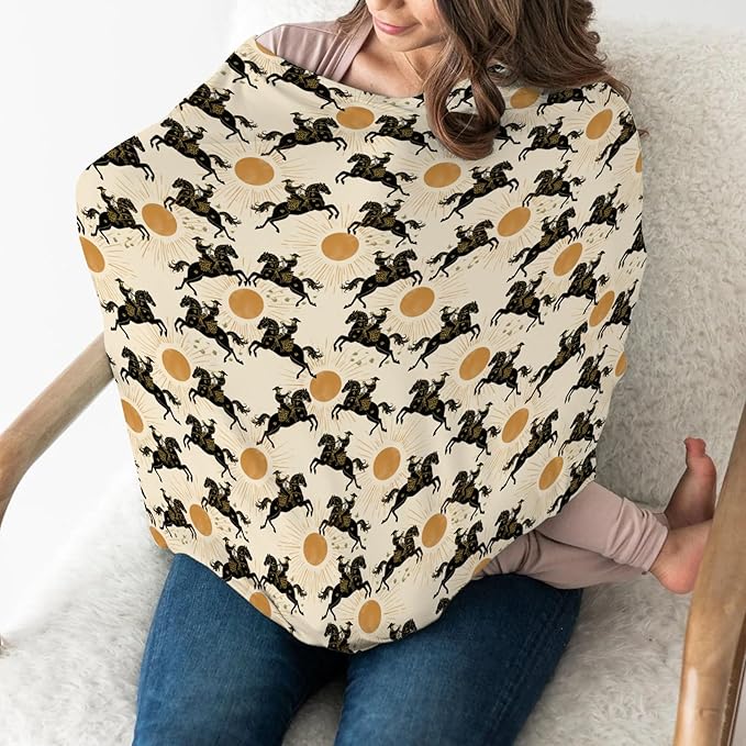 Western Cowboys Sunshine Baby Car Seat Covers Cowboy Horse Sun Stretchy 5-in-1 Cover Adjustable Car Canopy Breastfeeding Cover Wild West Desert Breathable Nursing Cover-Up-BubblyBeeBaby