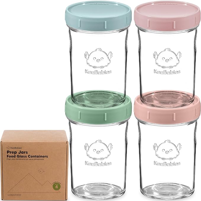 KeaBabies 4pk 8oz Glass Baby Food Containers with Lids - Leak-Proof, Microwavable Small Glass Jars, Baby Purees & Toddler Snack Storage Containers, BPA-Free, Dishwasher & Freezer Safe (Musk Dusk)-BubblyBeeBaby