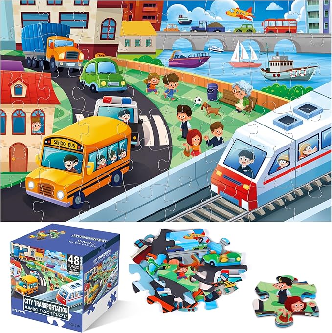 Jumbo Floor Puzzle for Kids,City Transportation Jigsaw Large Puzzles,48 Piece City Life Vehicle Puzzle for Toddler Ages 3-5,Children Learning Preschool Educational Toys,Gift for 4-8 Years Old-BubblyBeeBaby