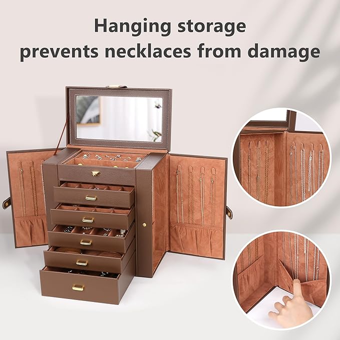 Kendal Extra Large Jewelry Box Jewelry Case PU Leather 6 Tier 5 Drawers Large Storage Capacity with Mirror Jewelry Storage Organizer Great Gift Also Good For Watches LJC-SHD5BN (Brown)-BubblyBeeBaby