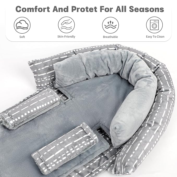 Infant Car Seat Insert, Baby Car Seat Head & Body Support with 2 Strap Pads, Ultra Soft Newborn Preemie Carseat Insert Cushion for Girls Boys, Fits Car Seat, Stroller, Swing, Bouncer, Grey-BubblyBeeBaby