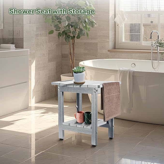 HDPE Shower Bench Seat Capacity 300LB, Waterproof Bathroom Stool with Side Carry Holes, Compact 16.8" L Design, Non-Slip Shower Seat for Elderly, Shaving Legs & Spa - Indoor/Outdoor Use (Gray)-BubblyBeeBaby