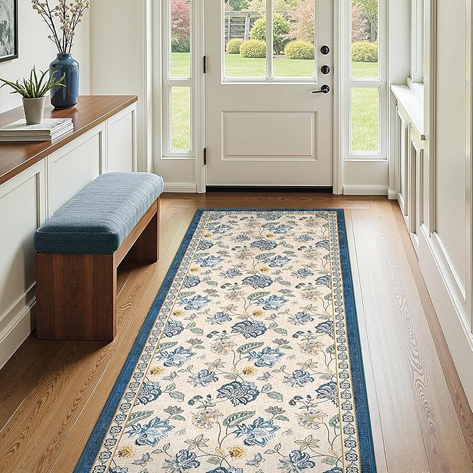 jinchan 3x8 Floral Runner Rug for Hallway Washable Kitchen Runner Vintage Romance Design Non Slip Thin Indoor Floor Cover Low-Profile Throw Carpet for Entryway Bathroom Bedroom Porch, Blue/Beige-BubblyBeeBaby