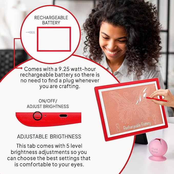 iVyne Rechargeable A4 Light Pad for Tracing & Weeding - LED Light Board for Weeding Vinyl - for Cricut Vinyl Weeding Tools - Ultra-Thin & Portable - Perfect for Artists & Crafters - Red-BubblyBeeBaby