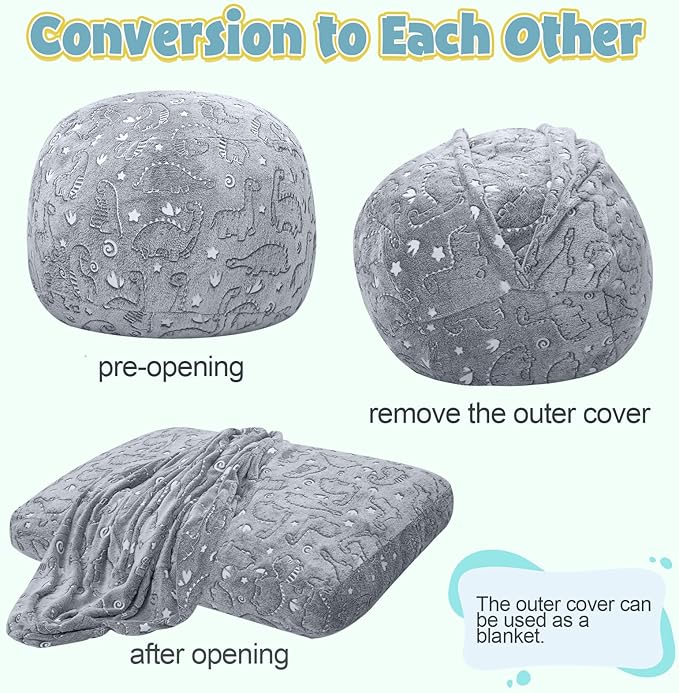 Kids Bean Bag Chair Turn into Beanbag Bed, Dinosaur Toddler Bean Chair for Girl Boy Sleeping, Lazy Children Bean Bags with Filler, Convertible Child Floor Mattress, Grey Dino-BubblyBeeBaby