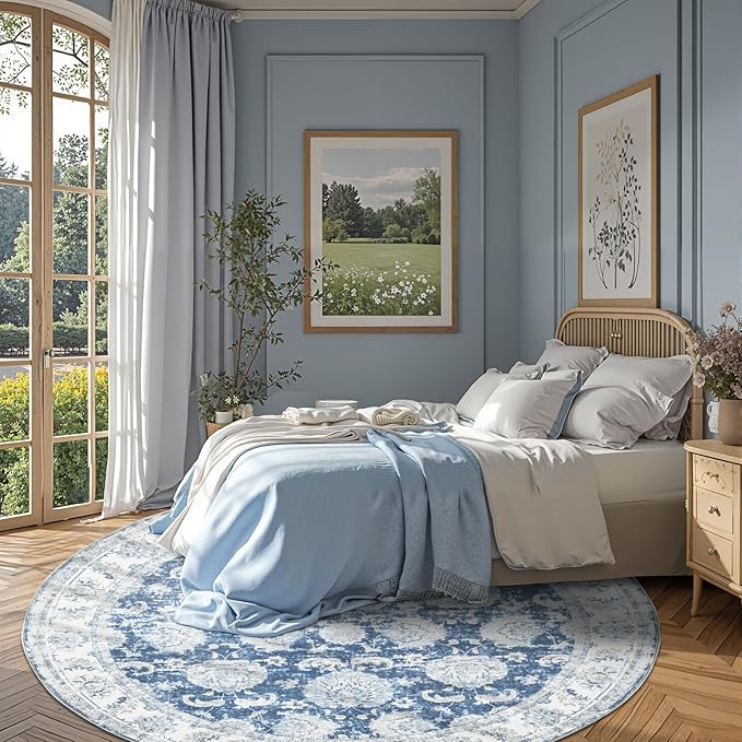 jinchan Round Rug 7ft Area Rug - Dark Blue Vintage Floor Mat Kitchen Indoor Ultra-Thin Soft Floral Print - Washable Circle 7' Retro Accent for Farmhouse Non Slip Dining Room Living Room Bedroom Office-BubblyBeeBaby