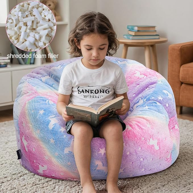 Kids Bean Bag Chair Turn into Beanbag Bed, Unicorn Toddler Bean Chair for Girl Boy Sleeping, Lazy Children Bean Bags with Filler, Convertible Child Floor Mattress, Colorful Rainbow-BubblyBeeBaby