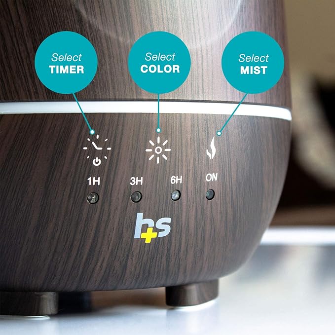 HealthSmart Essential Oil Diffuser, Cool Mist Humidifier and Aromatherapy Diffuser with 500ML Tank Ideal for Large Rooms, Adjustable Timer, Mist Mode and 7 LED Light Colors, Brown (Pack of 2)-BubblyBeeBaby