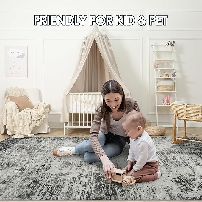 10x14 Area Rugs for Living Room: Soft Abstract Large Area Rug Non-Shedding Anti-Skid Stain Resistant Indoor Floor Modern Washable Rugs for Bedroom Dining Room Nursery Farmhouse Home Office-Black/Gray-BubblyBeeBaby