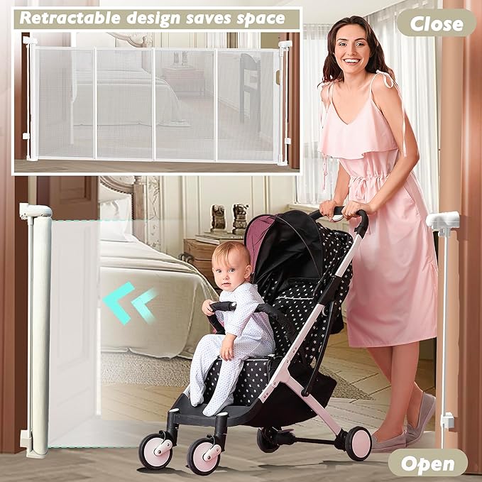 150" Extra Wide Retractable Baby Gates Dog Gate for Large Opening, 41" Extra Tall Mesh Pet Gate, Long Child Safety Gates with Fiberglass Rods for Stairways, Doorways, Hallways - Indoor/Outdoor Use-BubblyBeeBaby